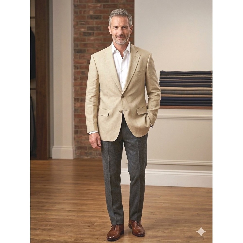 Joseph Turner Yorkshire Mens 42R Linen Suit Jacket Beige Tessuti di Sondrio